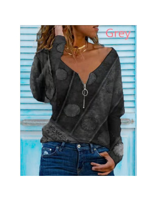 Womens Boho Loose Zipper V-Neck Tops Casual Blouse Long Sleeve Holiday T-Shirt