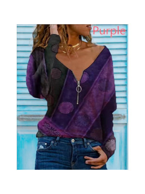 Womens Boho Loose Zipper V-Neck Tops Casual Blouse Long Sleeve Holiday T-Shirt