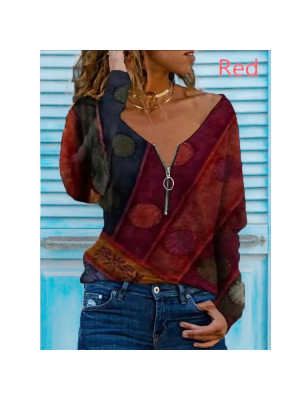 Womens Boho Loose Zipper V-Neck Tops Casual Blouse Long Sleeve Holiday T-Shirt