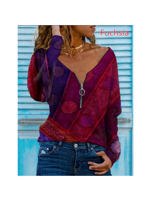 Womens Boho Loose Zipper V-Neck Tops Casual Blouse Long Sleeve Holiday T-Shirt