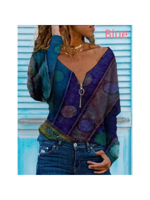 Womens Boho Loose Zipper V-Neck Tops Casual Blouse Long Sleeve Holiday T-Shirt