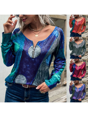 Womens Boho Loose Zipper V-Neck Tops Pullover Blouse Long Sleeve Holiday T-Shirt