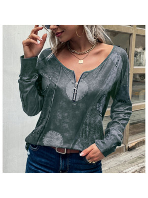 Womens Boho Loose Zipper V-Neck Tops Pullover Blouse Long Sleeve Holiday T-Shirt