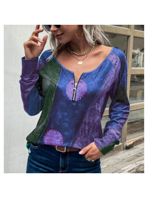 Womens Boho Loose Zipper V-Neck Tops Pullover Blouse Long Sleeve Holiday T-Shirt