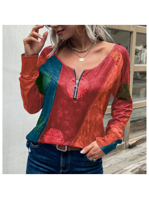 Womens Boho Loose Zipper V-Neck Tops Pullover Blouse Long Sleeve Holiday T-Shirt