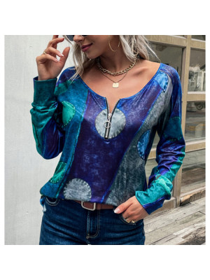 Womens Boho Loose Zipper V-Neck Tops Pullover Blouse Long Sleeve Holiday T-Shirt