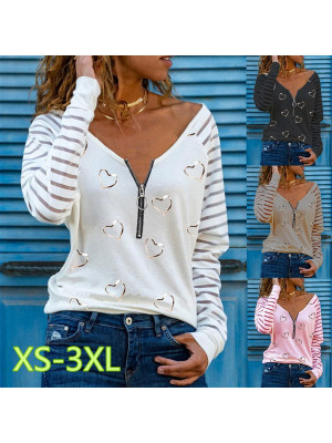 Womens Heart Print V Neck Long Sleeve Blouse Ladies Casual T-Shirt Zipper Tops