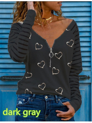 Womens Heart Print V Neck Long Sleeve Blouse Ladies Casual T-Shirt Zipper Tops