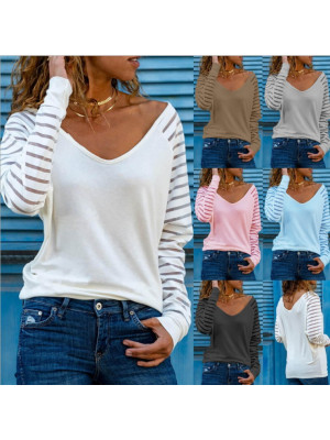 Womens V Neck Long Sleeve Blouse Ladies Casual T-Shirt Stripe Tops Pullover