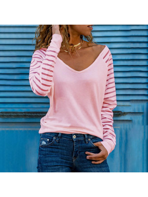 Womens V Neck Long Sleeve Blouse Ladies Casual T-Shirt Stripe Tops Pullover