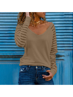 Womens V Neck Long Sleeve Blouse Ladies Casual T-Shirt Stripe Tops Pullover