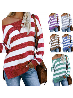 Ladies Casual Stripe Long Sleeve Tops Women Pullover T Shirt One Neck Blouse Tee