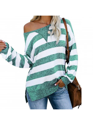 Ladies Casual Stripe Long Sleeve Tops Women Pullover T Shirt One Neck Blouse Tee