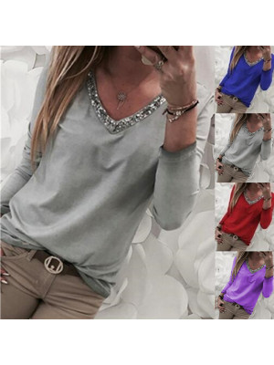 Plus Size Women Casual V Neck Tops Ladies Long Sleeve Print T-Shirt Bling Blouse