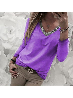 Plus Size Women Casual V Neck Tops Ladies Long Sleeve Print T-Shirt Bling Blouse