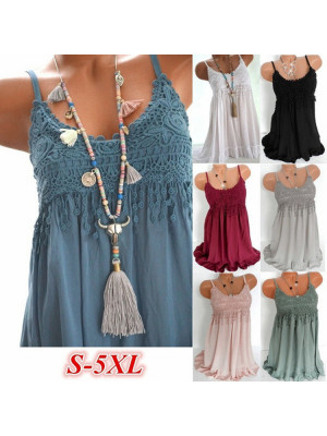 UK Womens Summer Strappy Lace Boho Dress Ladies Long Vest Swing Tank Tops Dress