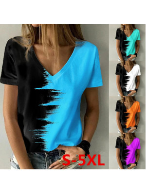 Womens Floral V Neck Casual T-shirt Ladies Summer Short Sleeve Loose Blouse Tops