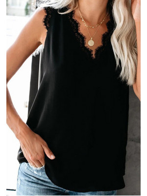 Ladies Lace Casual Sleeveless Sexy Top Women Pullover V Neck Summer Blouse Shirt