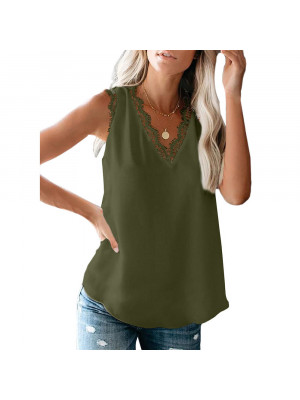 Ladies Lace Casual Sleeveless Sexy Top Women Pullover V Neck Summer Blouse Shirt