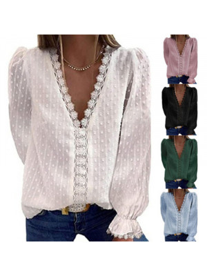 Womens Lace Long Sleeve V Neck Tops Ladies OL Tee Casual Plain BLouse Shirts