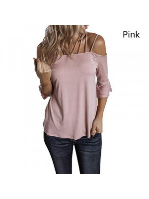 Plus Size Women Solid Casual Short Sleeve Tops Ladies Strappy Blouse Shirts UK