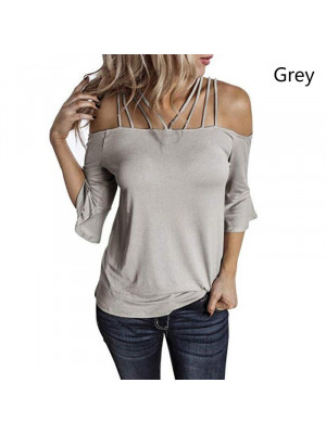 Plus Size Women Solid Casual Short Sleeve Tops Ladies Strappy Blouse Shirts UK