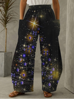 Women Christmas Print Harem Pants Loose Xmas Big Pockets Wide Leg Trousers UK