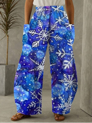 Women Christmas Print Harem Pants Loose Xmas Big Pockets Wide Leg Trousers UK