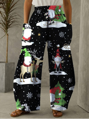 Women Christmas Print Harem Pants Loose Xmas Big Pockets Wide Leg Trousers UK