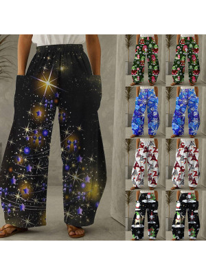 Women Christmas Print Harem Pants Loose Xmas Big Pockets Wide Leg Trousers UK