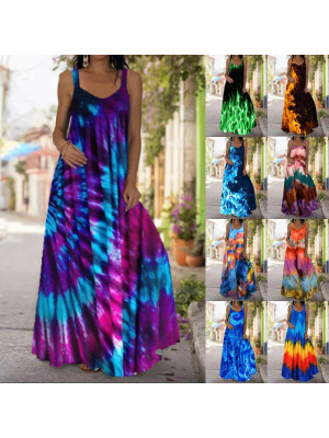 Ladies Floral Sleeveless Baggy Long Dress Women Summer Boho Pullover Sundress