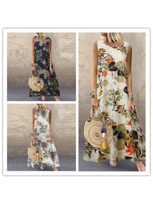 Women's Cotton Blend Floral Printed Loose Sundress Sleeveless Casual Loose Dress