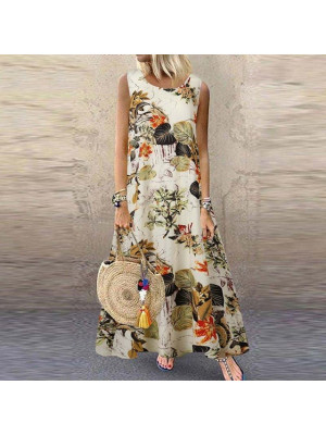 Women's Cotton Blend Floral Printed Loose Sundress Sleeveless Casual Loose Dress