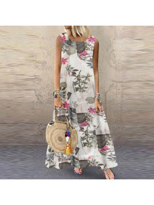 Women's Cotton Blend Floral Printed Loose Sundress Sleeveless Casual Loose Dress