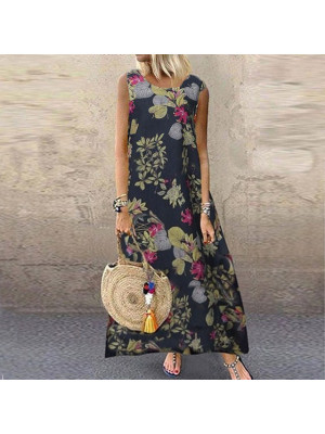 Women's Cotton Blend Floral Printed Loose Sundress Sleeveless Casual Loose Dress