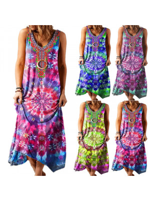 Plus Size Ladies Sleeve Tank Dress Women Summer Boho Flroal Crew Neck Sundress