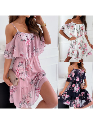 Ladies Hoilday Cold Shoulder Chiffon Dress Women Frills Mini Loose Sundress UK