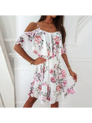 Ladies Hoilday Cold Shoulder Chiffon Dress Women Frills Mini Loose Sundress UK