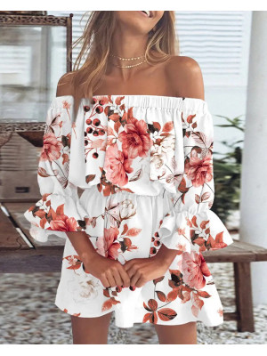 Womens Boho Off Shoulder Floral Dress Summer Holiday Beach Mini Dress Sundress