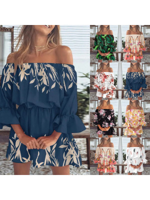 Womens Boho Off Shoulder Floral Dress Summer Holiday Beach Mini Dress Sundress