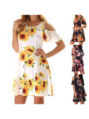 Women Floral Summer Beach Dress Ladies Holiday Strappy Short Sleeve Sundress