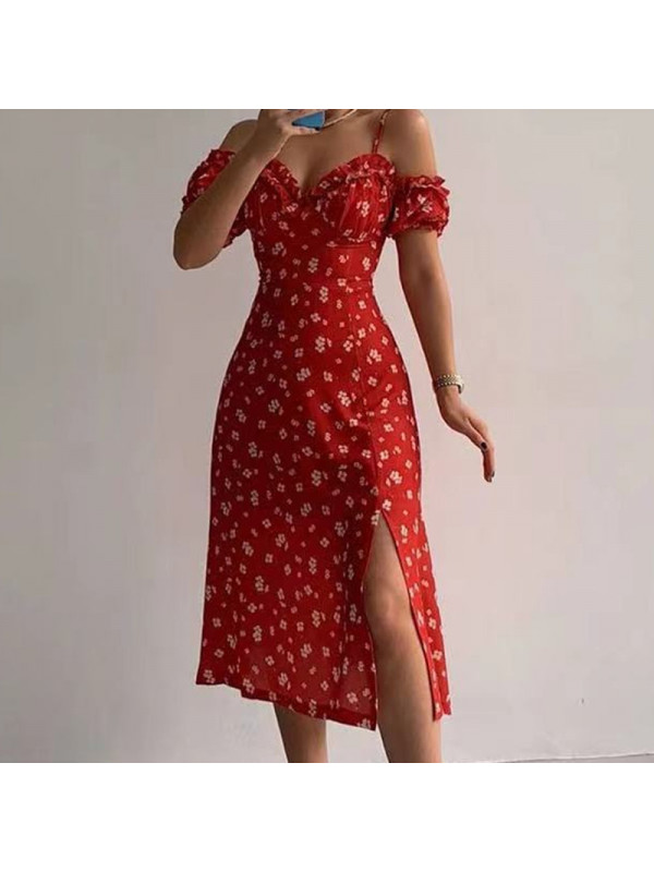 Womens Floral Off Shloder Midi Dress Ladies Summer Holiday Beach Strappy Dresses