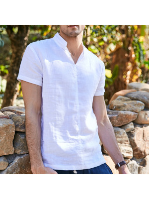 Mens Linen Style Short Sleeve Solid Shirts Casual Fit Formal Dress Top Tee Shirt UK