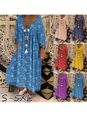 Plus Size Women Casual Long T-Shirt Ladies Floral Baggy V Neck Tops Casual Dress