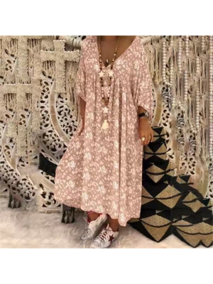 Plus Size Women Casual Long T-Shirt Ladies Floral Baggy V Neck Tops Casual Dress