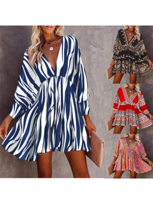 Ladies Flroal Boho Long Sleeve Mini Dress Women V Neck Casual Holiday Sundress