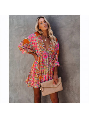 Ladies Flroal Boho Long Sleeve Mini Dress Women V Neck Casual Holiday Sundress