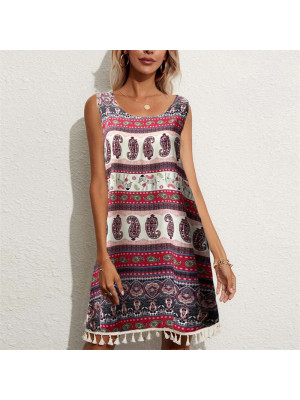 Women Boho Tassel Sundress Dress Sleeveless Sexy Beach Casual Holiday Dresses UK