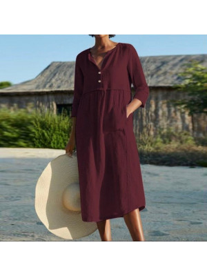 Womens Cotton Linen Half Sleeve Midi Dress Ladies Solid Baggy V Neck Swing Dress