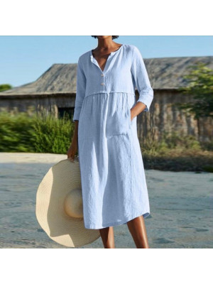 Womens Cotton Linen Half Sleeve Midi Dress Ladies Solid Baggy V Neck Swing Dress